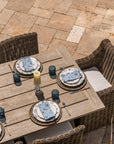 Highest Quality Outdoor Luxury Gray Teak Wood Dining Trestle Table Set With Wicker Chairs